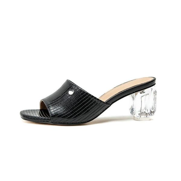 

leather casual women shoes slingback transparent square high heel sandals open-toed ladies pumps size 34-43, Black