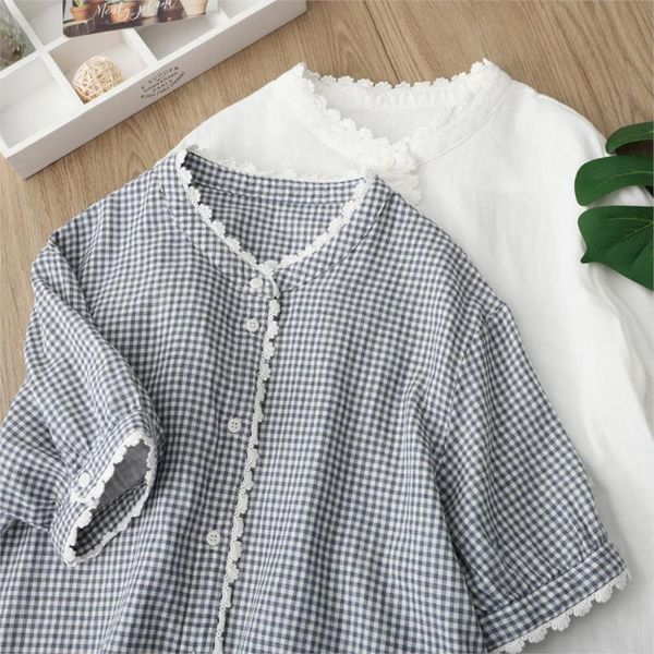 

women's blouses & shirts lace cotton short sleeve shirt female breathable gauze blouse summer, White