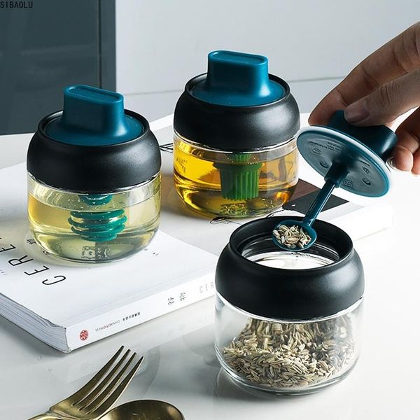 

storage bottles & jars glass pepper seasoning oil honey pot spices can with spoon brush sauce container salt tank kitchen supplies