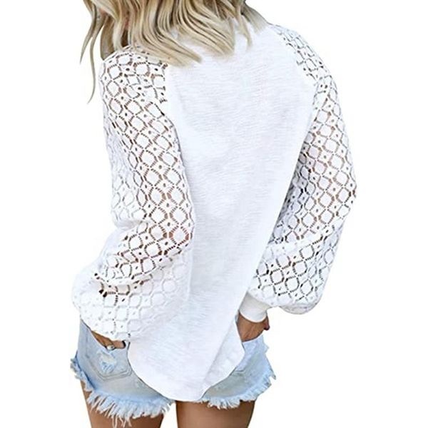 

women's t-shirt women o-neck shirt lace hollow out patchwork long sleeve white ladies 2021 summer casual solid female