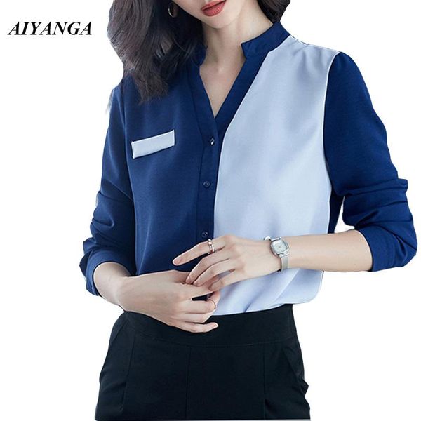 

women's blouses & shirts chiffon shirt 2021 autumn women ol female long sleeve elegant v neck contrast color slim fashion blouse, White