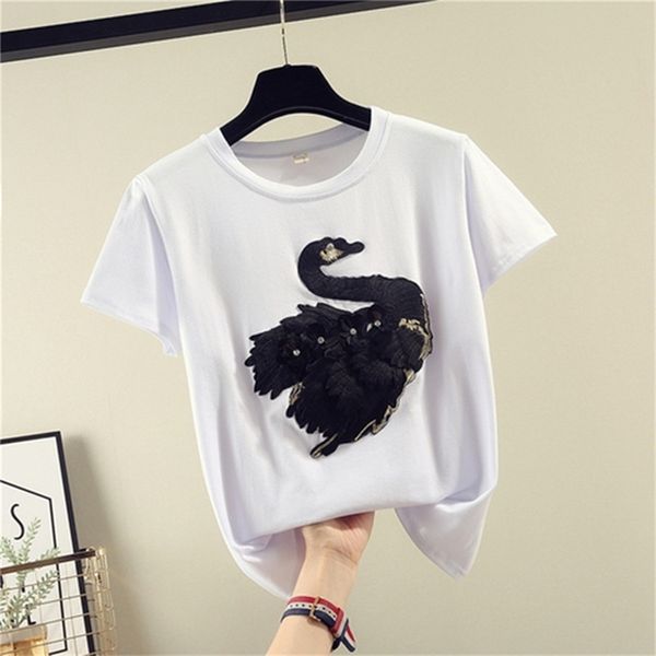 Adesivo de Vestido de Verão Feminino Adesivo Tridimensional Cisne Bordado T-shirt Feminino Camisa Solta Solta Pullover Tops 210603