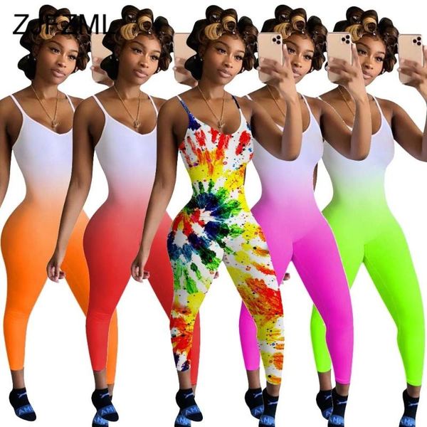 

women's jumpsuits & rompers spaghetti strap summer skinny bodysuit for women rainbow tie dye gradient print jumpsuit streetwear v neck, Black;white