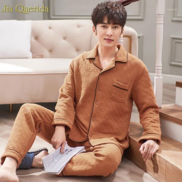 

men's sleepwear men suits cotton pyjamas elegant khaki diamond pattern lapel button cardigan home wear padded mens pajama set, Black;brown