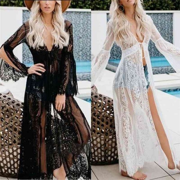 

womens slit long flare sleeves kimono cardigan sheer eyelash floral lace bikini cover up belted high waist maxi long beach robe 210323, White