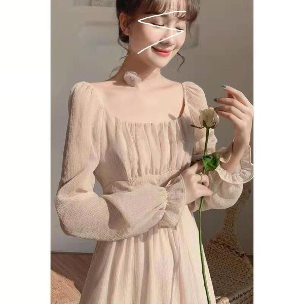 

casual dresses 2021 pure chiffon women's dress waist long sleeve temperament autumn square collar, Black;gray