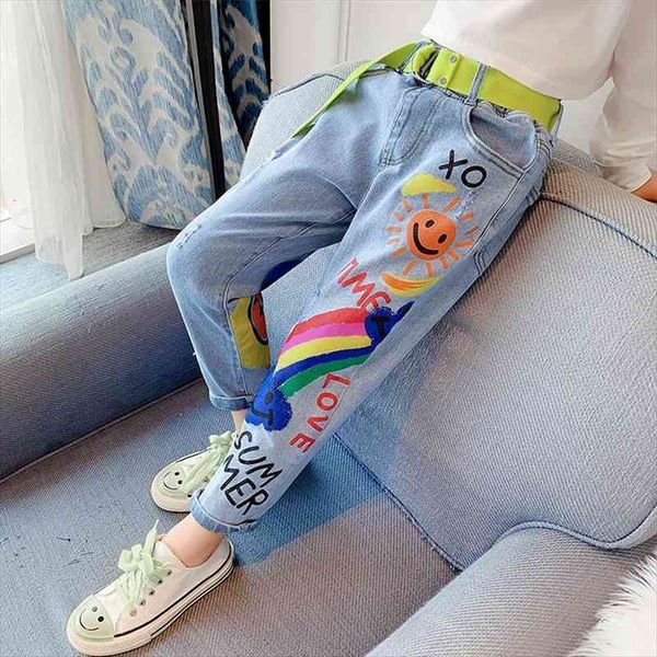 

deals jeans for teenage girls kids 8 12yrs graffiti painting print casual pants with a rainbow cartoon trousers, Blue