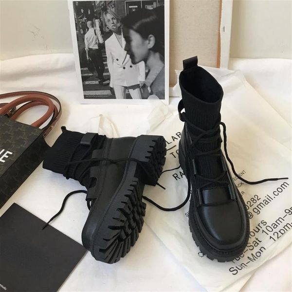 

boots women's mid calf elastic sock black gothic shoes women 2021 autumn winter platform designer lady botines mujer