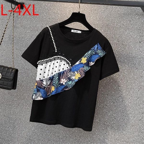 

plus size t-shirt l-4xl chic summer t-shirts for women 2021 solid o-neck short sleeve beeding rullfes printed patchwork large, Black