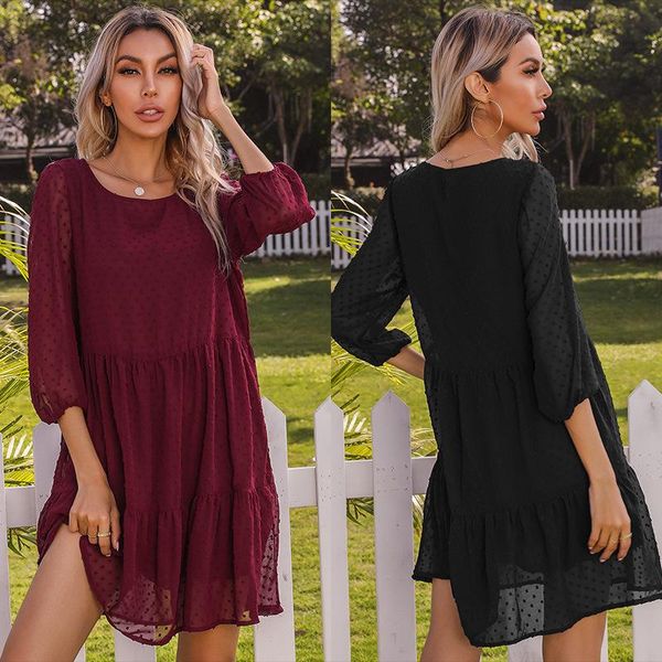 

casual dresses 2021 autumn solid stitching short dress lady pleated round neck sweet elegant lace up sundress, Black;gray
