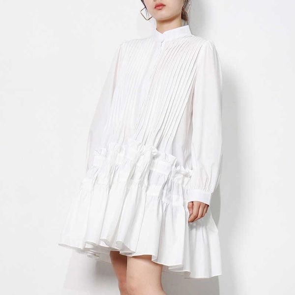 

casual dresses [ewq] korea fashion o neck solid single-breasted stitching wood ear loose long-sleeved dress women summer 2021 16e502, Black;gray