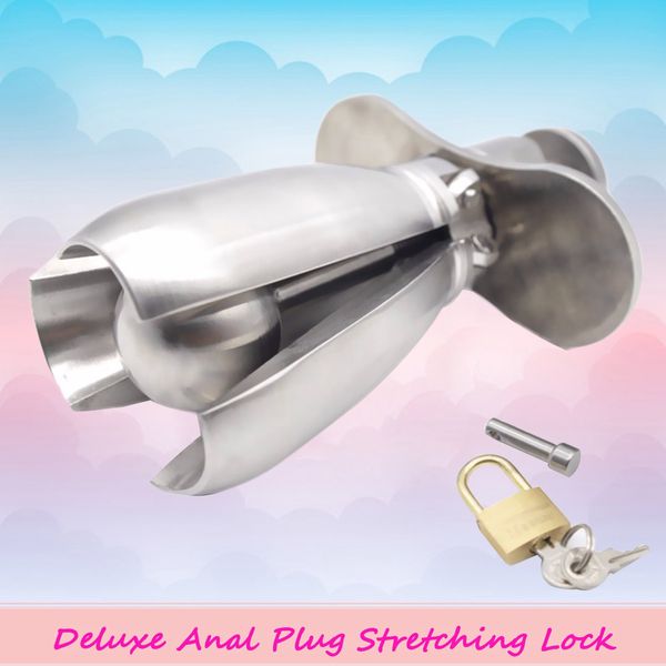 L'acciaio inossidabile Deluxe Anal Plug Stretching Lock Chastity Device Gay Fetish Gimp Heavy Bead A270