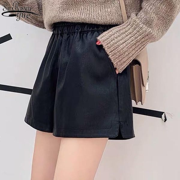 

women's pants & capris 2021 loose pu leather short fashion slim black all-match winter wide leg high waist woman pantalon corto 11267, Black;white