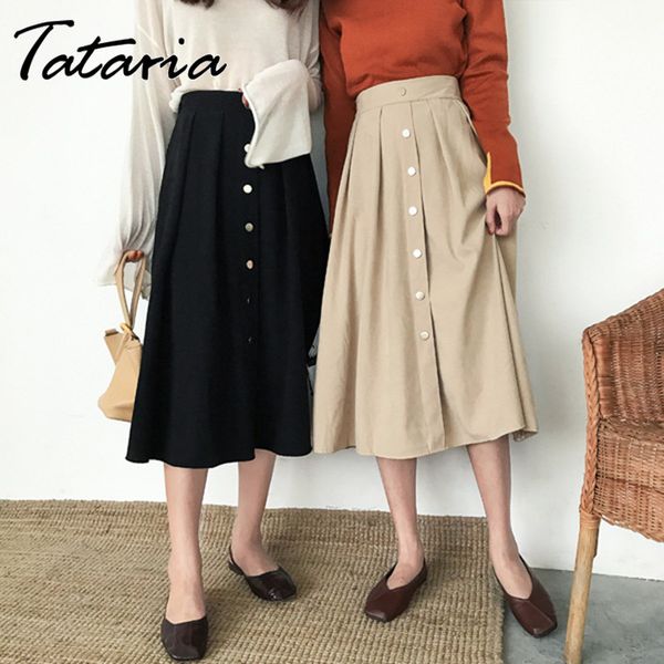 

tataria women a line midi skirt thin school mid female high waist button long s women's elegant jupe femme 210514, Black