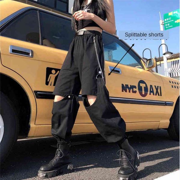 

women's pants & capris removable cargo pants ankle banded women summer high waist slim straight wide leg streetwear harajuku sweat, Black;white