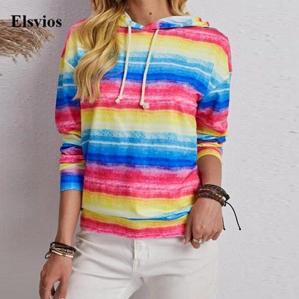 

women hoodie casual rainbow stripe print hoodies new fashion loose drawstring hooded sweatshirt spring autumn long sleeve pullover, Black