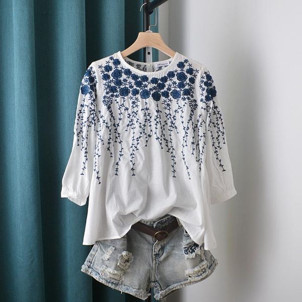 

women's blouses & shirts embroidery round collar shirt cotton summer, White