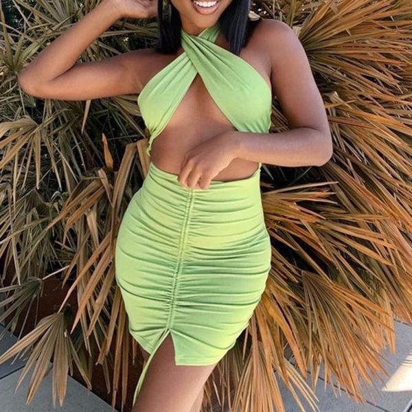 

casual dresses 2021 hollow out dress women green sleeveless y2k backless summer pink halter neck bodycon mini beach party, Black;gray