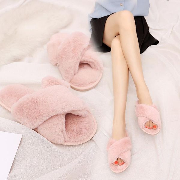 

winter women house slippers faux fur fashion warm shoes woman slip on flats female slides black pink cozy home furry