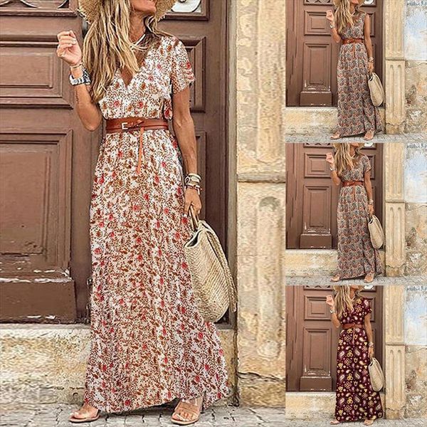 

summer boho long vintage paisley womens dress v neck short sleeve beach maxi ladies elegant party robe belted split, Black;gray