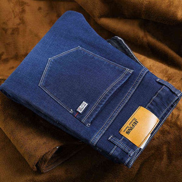 

high end jeans 2021 winter straight denim plush warm men's pants, Blue