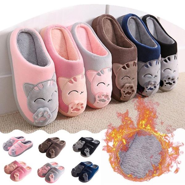 

women's house shoes women warm home slippers couple female plush cat animal ladies slip on flats woman plus size 36-44, Black