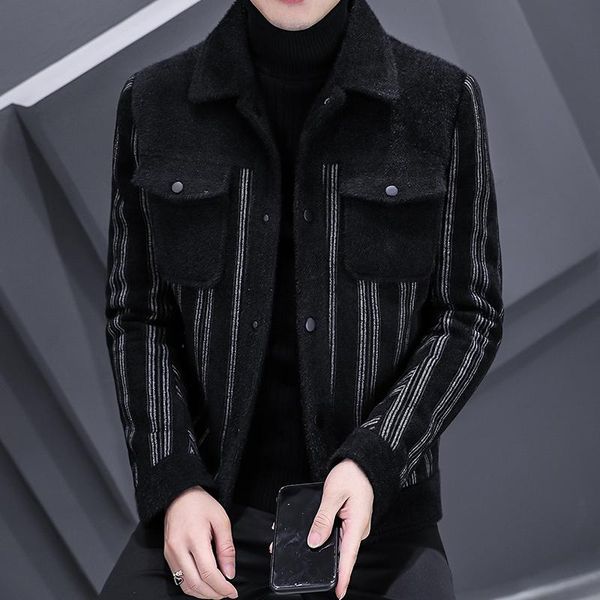 

men's wool & blends autumn winter woolen jackets men clothing fashion front double pockets single breasted slim fit casual striped coat, Black
