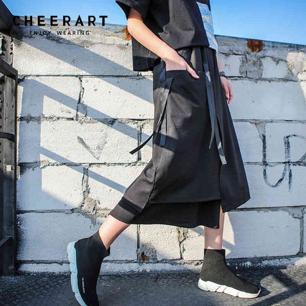 Streetwear faldas de verano para mujer negro cintura elástica irregular midi cinta en capas moda 210427
