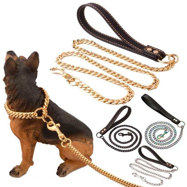 

metal durable dogs leash strong stainless steel dog traction rope chain solid pet long for large pitbull supplies collars & leashes