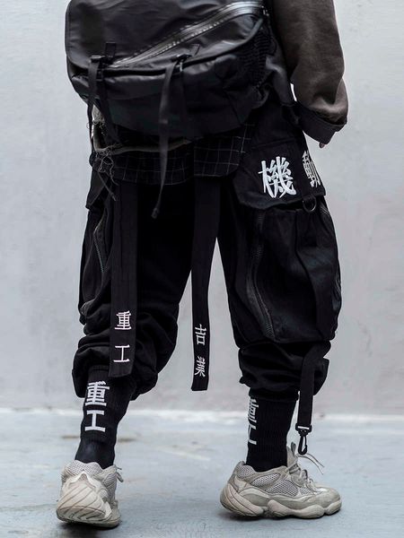

japanese streetwear techwear cargo pants for men baggy wide leg black jogger 210616