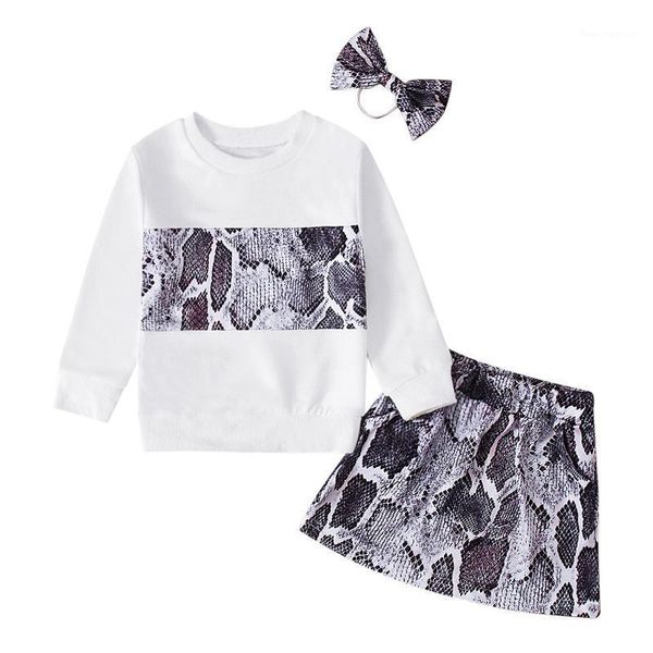 

clothing sets 1-6years toddler kids baby girls clothes long sleeve t-shirt snakeskin print skirt+headband 3pcs outifts set1, White