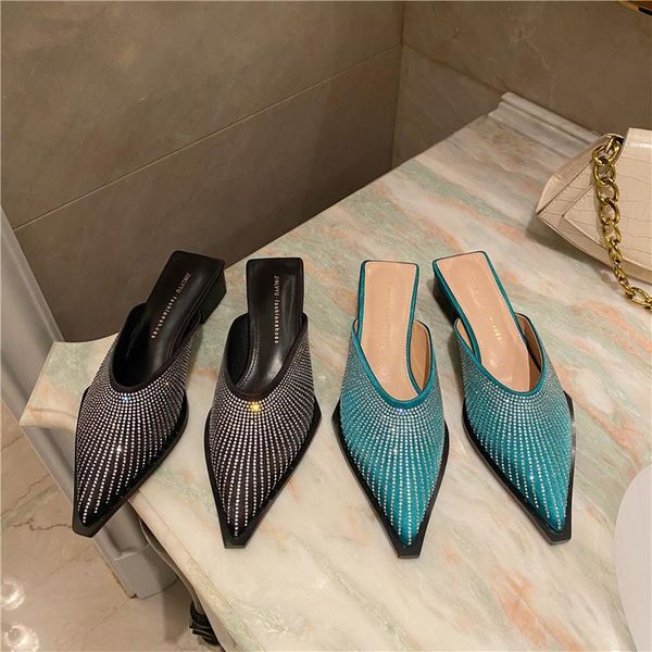 

slippers pointed toe women rhinestone shallow slides thick low heels slip on mules shoes crystal sandals pumps size 35-39, Black