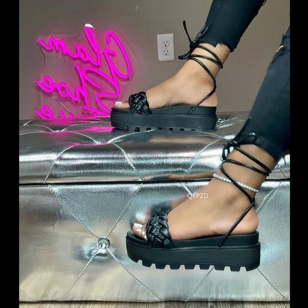 

sandals woman gladiator ladies ankle wrap wedges women platform shoes female fashion lace up women's footwear plus size 43, Black