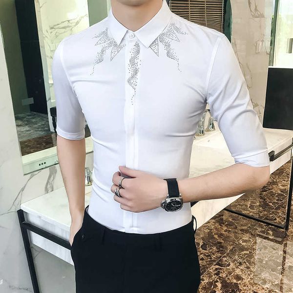 Camicia da uomo manica corta casual slim fit camicie streetwear uomo vestito da partito smoking camisa masculina nero bianco 210527