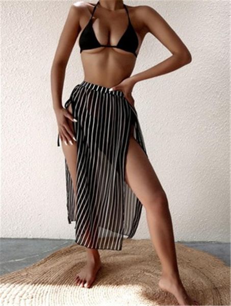 

women's swimwear 2021 womens 3pcs beach wear solid color deep v-neck halter with side tie bottoms and striped split skirt swimsuit, White;black