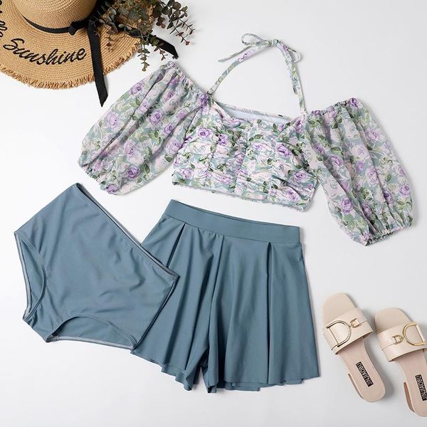 

women swim short sleeve bikini set print swimwear bathing suit swimming beach wear halter ladies swimsuit biquinis one-piece suits