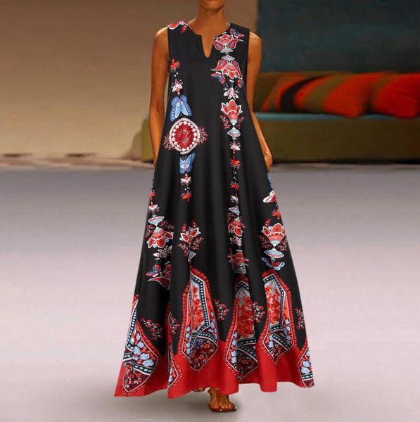 

casual dresses 2021 long dress women retro ethnic print v-neck sleeveless plug pocket maxi plus size summer vestidos, Black;gray