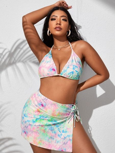 

3pack plus tie dye triangle bikini swimsuit & beach skirt w6a0#, Black