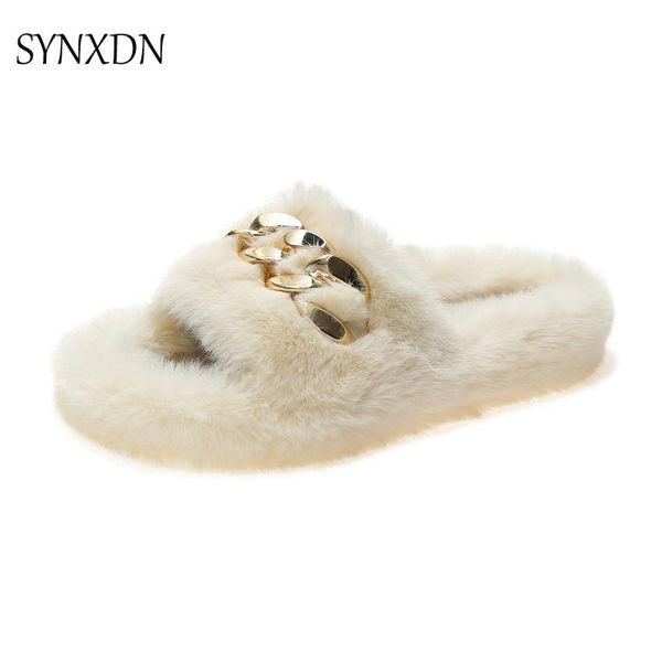 

slippers ladies house home indoor chain floor shoes female fluffy soft faux fur open toe, Black