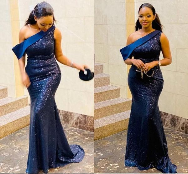 

sparkle navy blue mermaid evening dresses one shoulder sweep train sequined women formal prom party gowns special occasion gown vestidos de, Black;red