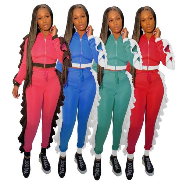 

women's two piece pants fashion two-color stitching ruffled zipper stand-up collar shirt straight casual lace-up stretch trousers two-p, White