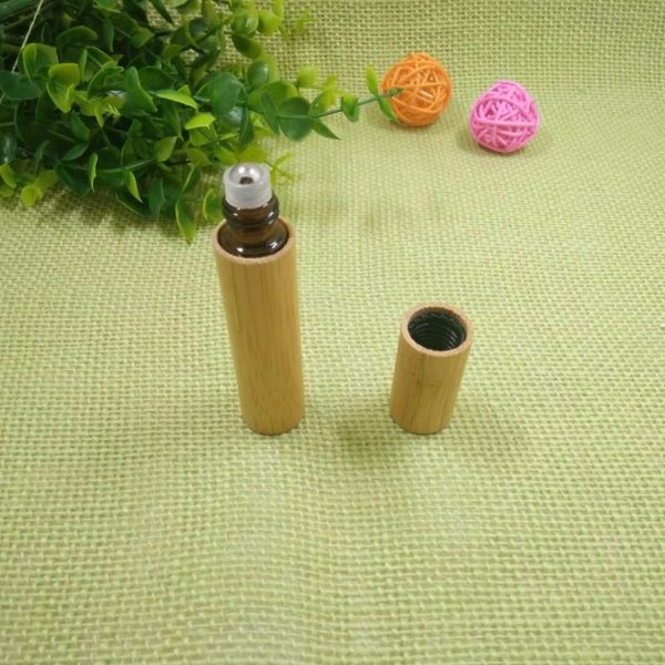 

1/10/20/50pcs 10ml bamboo amber glass perfume essential oil roll on bottles & massage steel roller ball 10cc eyecream container storage jars