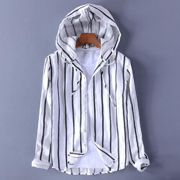 

men's casual shirts 2021 cotton and linen hooded striped long-sleeved shirt teenagers summer sun protection breathable, White;black