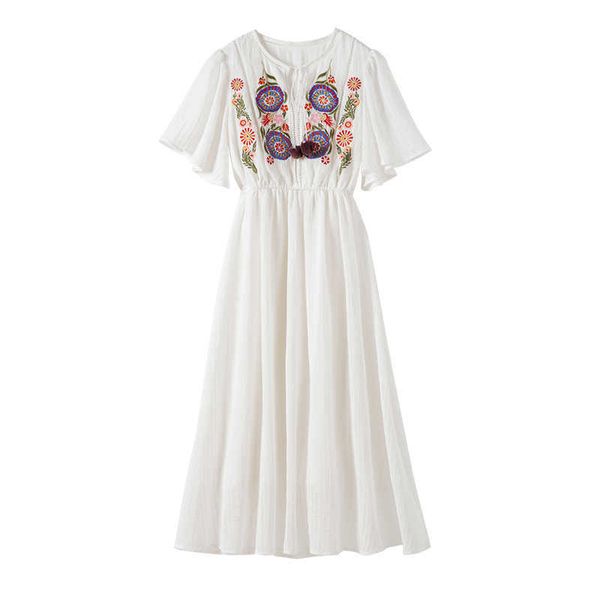 

perhaps u white o-neck bow floral embroidery indie folk dress flare short sleeve empire beach summer holiday midi dress d2439 210529, Black;gray