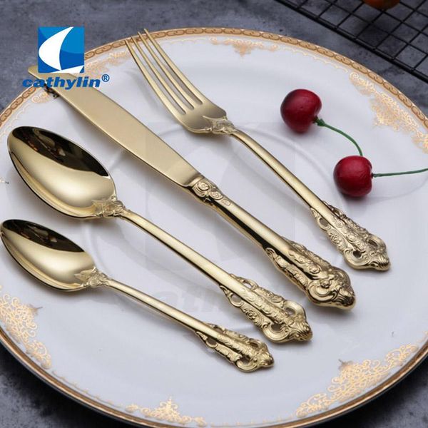 

dinnerware set 4-pcs 18/10 stainless steel golden plated cutlery spoon fork knife mirror engraving flatware st0208 sets