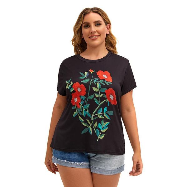 

plus size t-shirt tee shirt women summer short sleeve floral print casual blouse black big ladies tunic