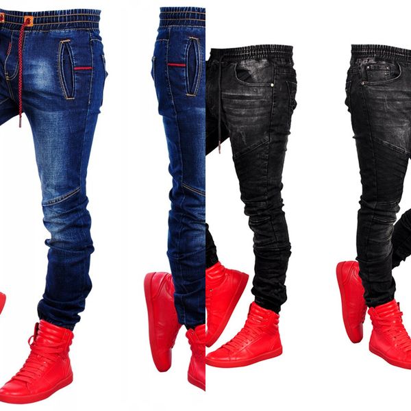 

men's pure colors jeans pants moto biker jeans slim men jogging movement jeans skinny high elastic pencil drawstring long pants x0621, Blue