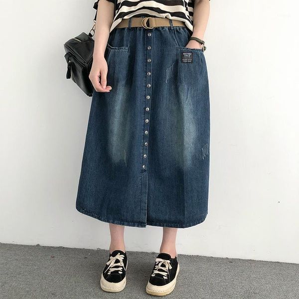 

spring summer skirt retro women large size loose denim elastic waist pocket bleached casual all-match skirts, Black
