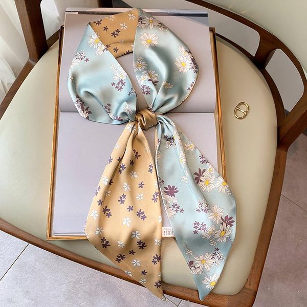 

scarves silk scarf ribbon 15*150cm foulard bandana flower print skinny scarfs lady female head hijab bag women neckerchief, Blue;gray