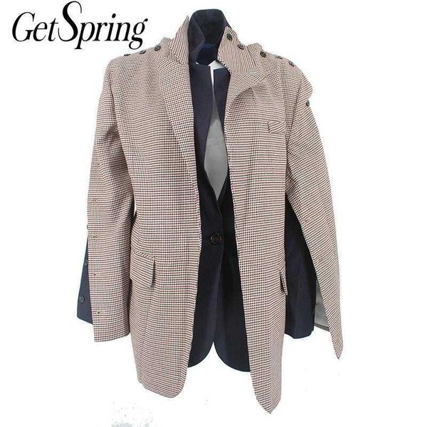 

getspring women blazer plaid patchwork fake two suit single button ladies coat loose longwomen's jacket 210601, White;black